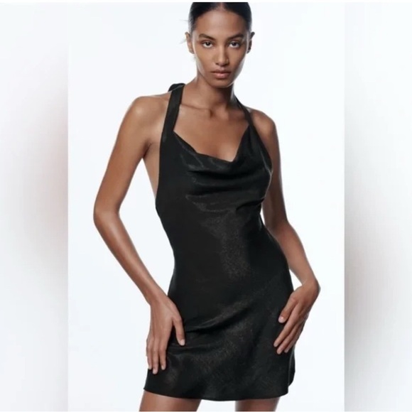 Zara Satin Effect Elegant Black Halter Mini Dress Small - Picture 1 of 5